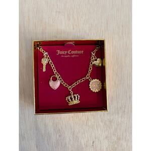 New Juicy Couture Gold Tone Crystal Charm Necklace Pink Crown Heart